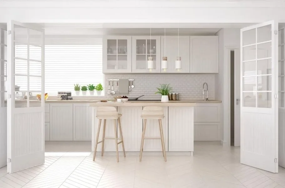 White kitchen with glass display cabinets