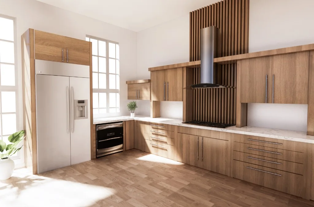 Warm wood kitchen with vertical hood detail